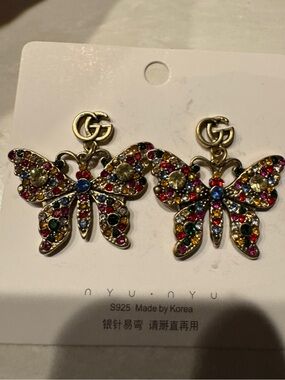 Designer-style GG Logo Multicolor Crystal Butterfly Drop Earrings